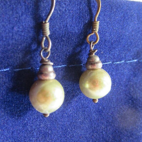 Green faux Pearl Earrings, Dangle, Light Iridescent Olive Green, Vintage, 8mm - Picture 2 of 8